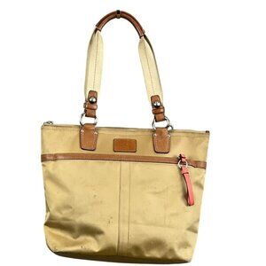 Coach Tote Bag Womens Medium Gold Nylon Leather Trim Zip Top Shoulder Purse